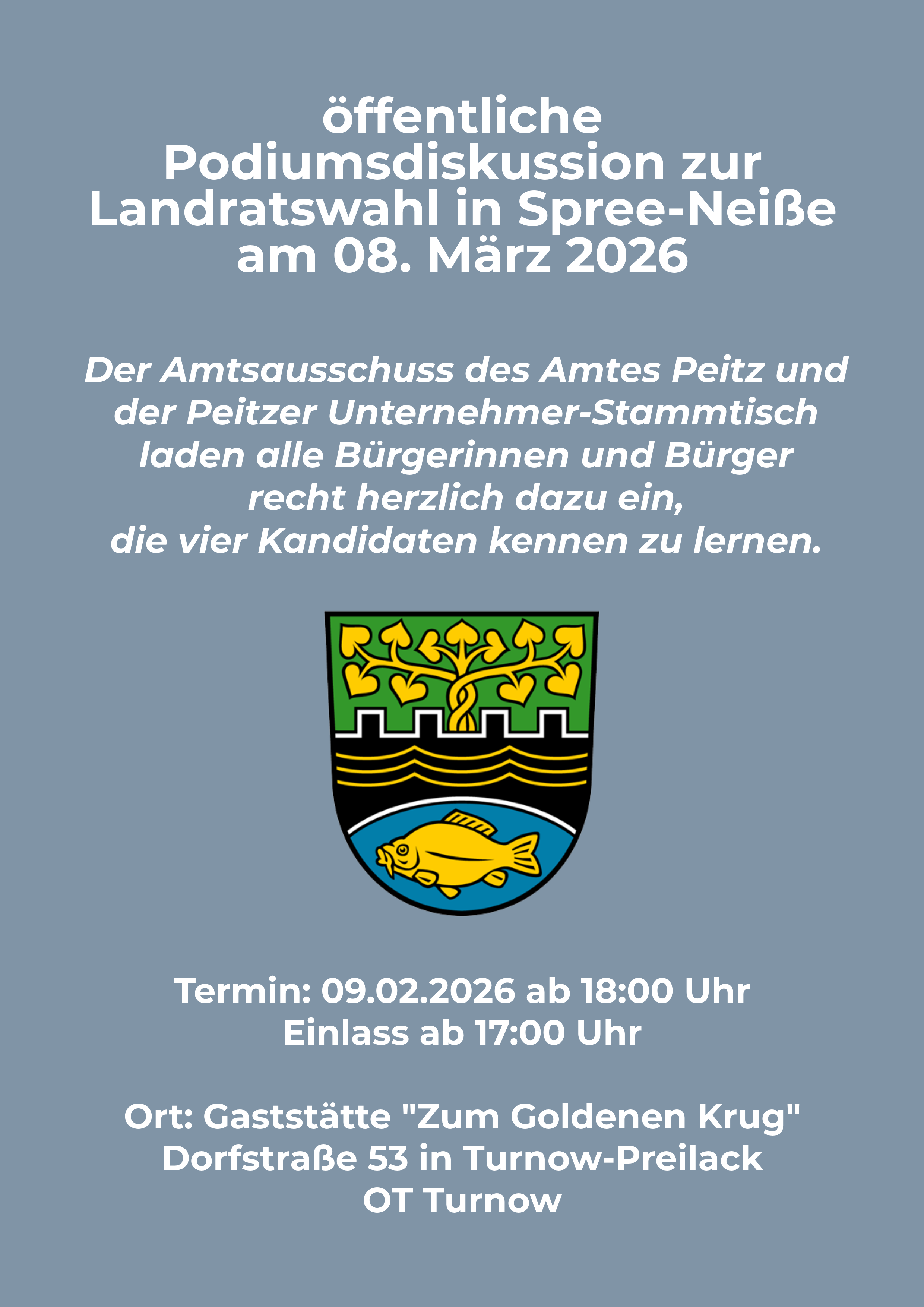 Podiumsdiskussion, 09.02., 17 Uhr, Zum Goldenen Krug, Turnow